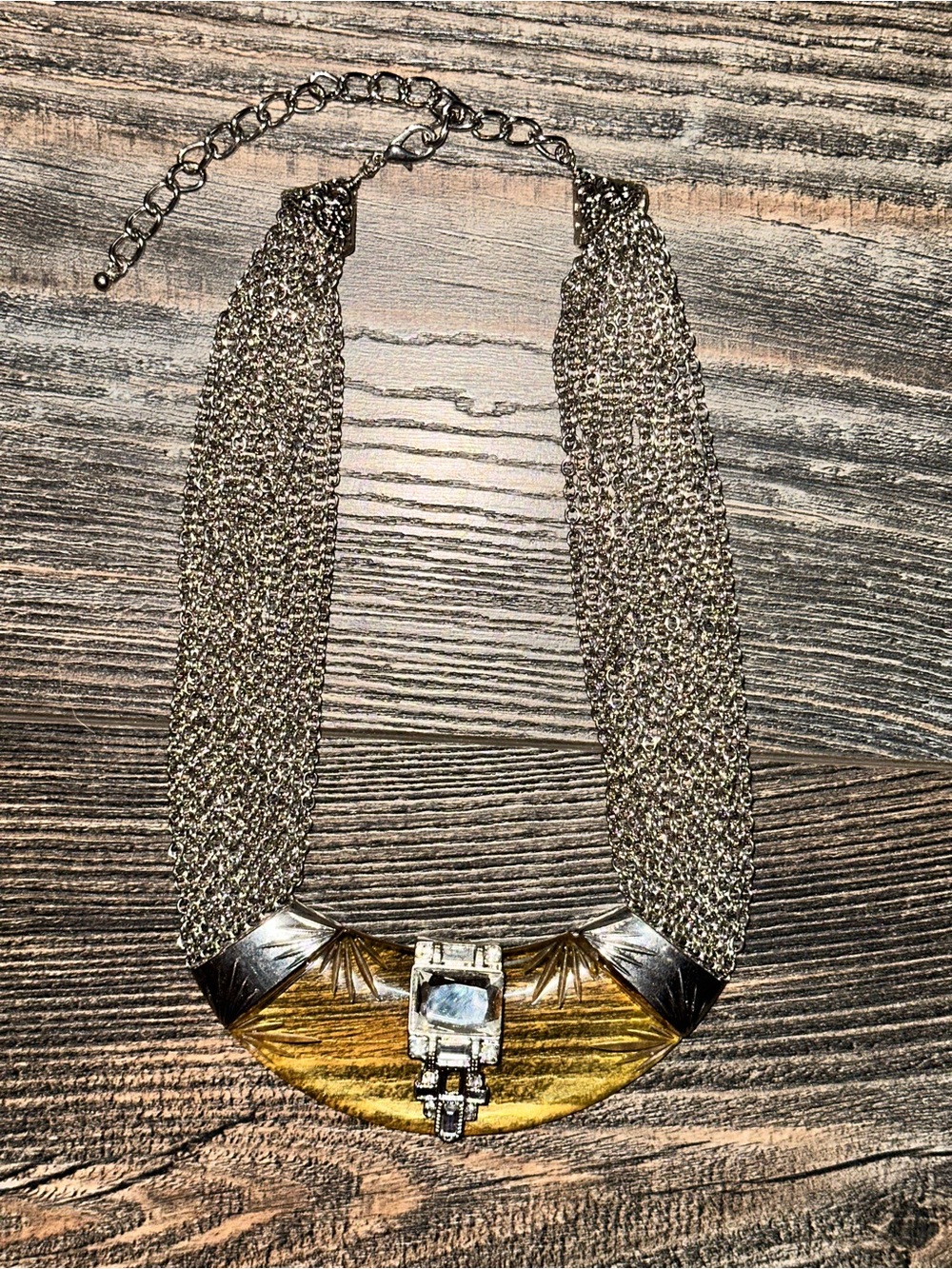 Vintage Lucite And Silver Toned Chain Statement Necklace with Yellow Accent